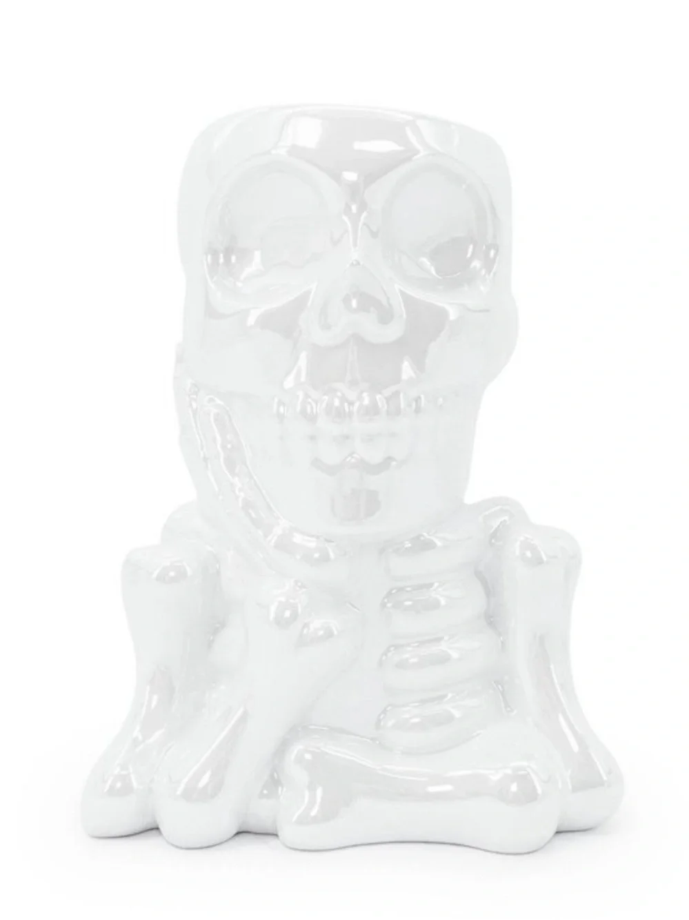 New! White Ceramic Skull / Skeleton Halloween Vase, White Iridescent